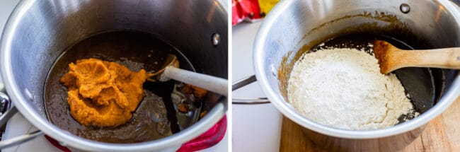 adding pumpkin and flour to blondie batter in a saucepan