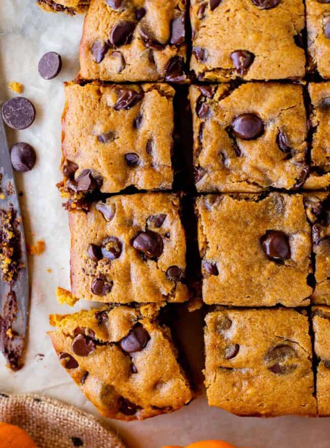 pumpkin chocolate bars sliced with a knife off to the side