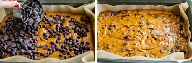 topping blondies with chocolate chips and mixing it in