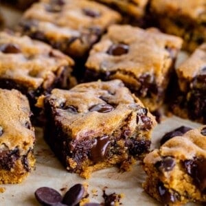 pumpkin bars with chocolate chips sliced on a pan