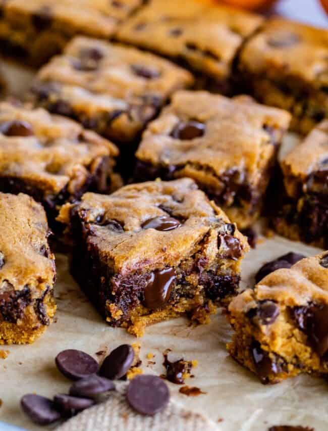 pumpkin bars with chocolate chips sliced on a pan