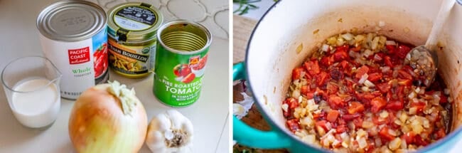 How to make tomato soup showing cans of tomatoes next to a crockpot of simmering diced tomatoes and onions.