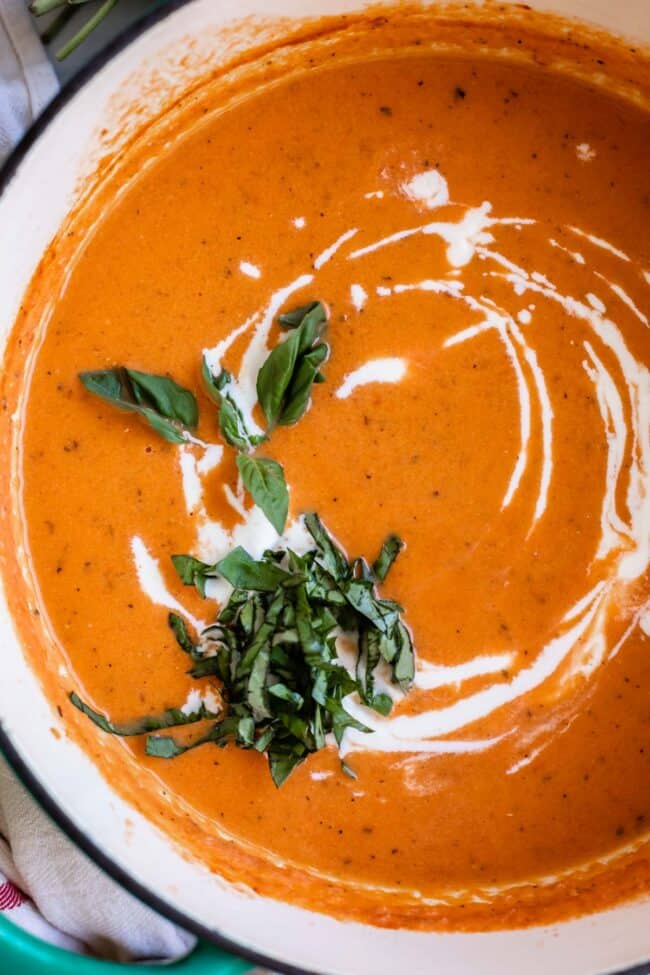 Creamy tomato soup in a bowl with a swirl of white cream and fresh basil chiffonade.