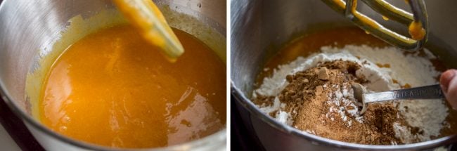 Adding spices to pumpkin batter.