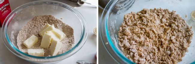 Cutting butter into streusel.