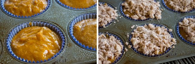 adding streusel on top of muffins.