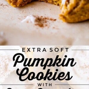 A close-up of soft pumpkin cookies topped with creamy brown butter icing and a sprinkle of cinnamon, one showing a bite taken out. Text overlay reads: Extra Soft Pumpkin Cookies with Brown Butter Icing.