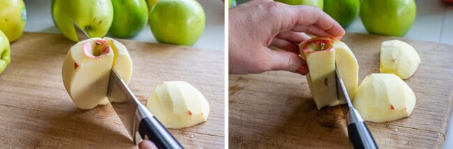 slicing apples with a chef's knife on a wooden cutting board.