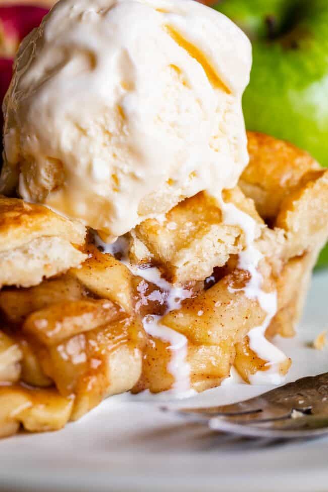 apple pie recipe from scratch with ice cream melting on top.