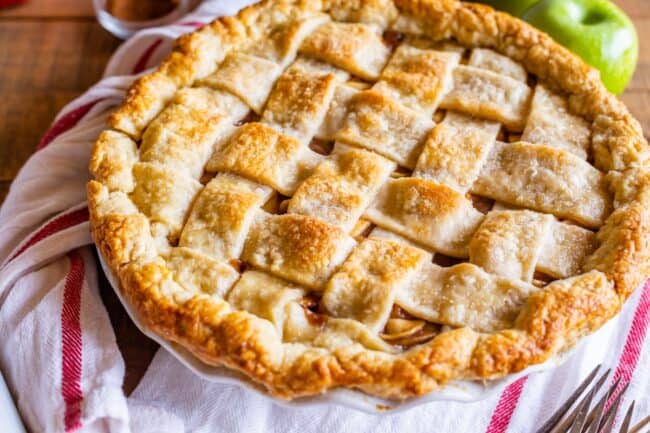 homemade pie with a lattice crust on a napkin