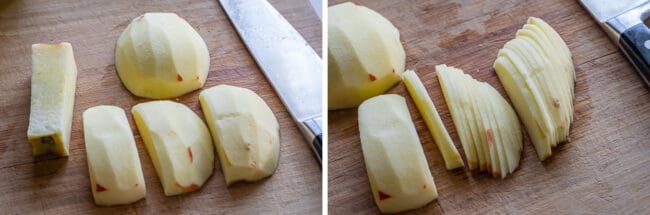 apples segments on a board ready to be sliced.