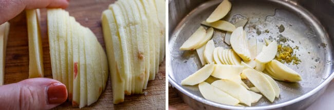 apples sliced to 1/8 inch, apples in pan with lemon juice and zest.