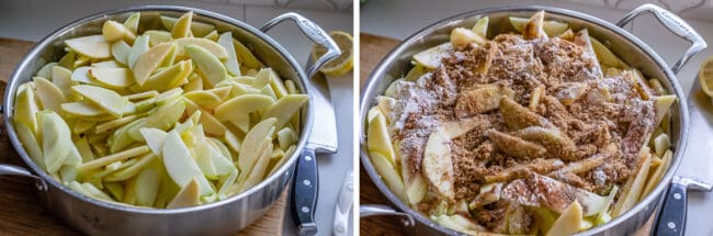 raw apples in a pot, apples with spices and flour on top.