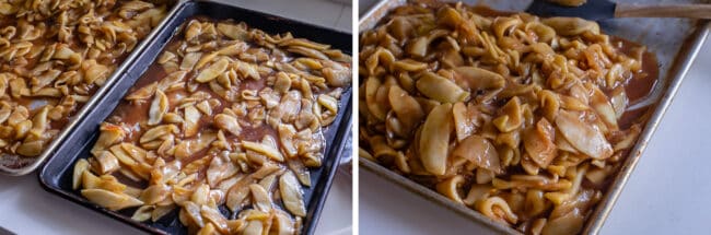 spreading out pie filling on baking sheets to cool down, showing a variety of apples that are the best apples for pie