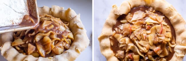 pouring pie filling into a pie crust