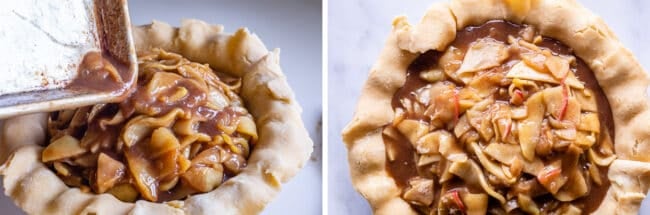 pouring pie filling into a pie crust.