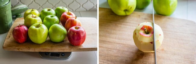 weighing apples on a scale, slicing a peeled apple and showing the best apples for pie.