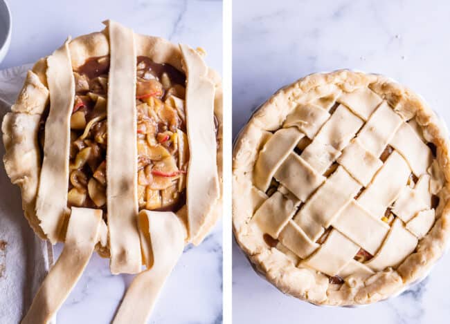 making a lattice weave on a best apple pie recipe.