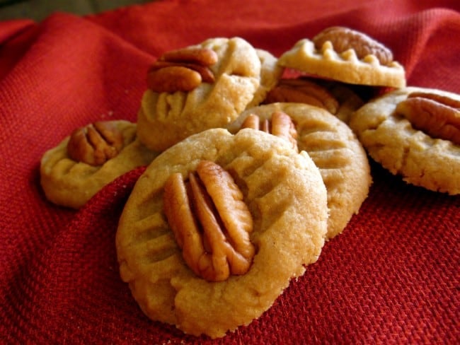 butter pecan cookies on a red tablecloth. 