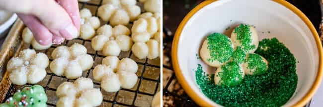 sprinkling colored sugar on shaped, baked spritz cookies.