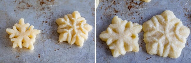 snowflake shaped spritz cookie dough and baked snowflake shaped spritz cookies on metal pans.