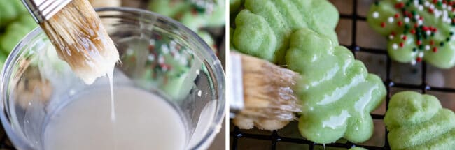 using a pastry brush to glaze spritz cookies with glaze.