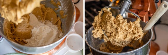 adding flour and dry ingredients to  a stand mixer, finished dough, showing an easy peanut butter cookie recipe.