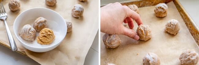rolling cookie dough balls in sugar and placing on baking sheet
