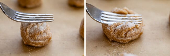 pressing a peanut butter cookie with a fork for peanut butter cookies recipe.