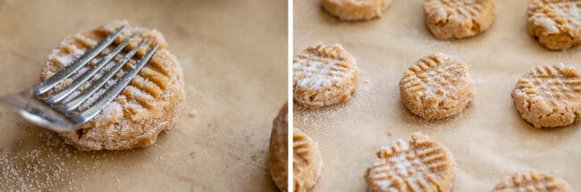 pressing a cookie with a fork, cookie dough lined up on a baking sheet ready to bake homemade peanut butter cookies.