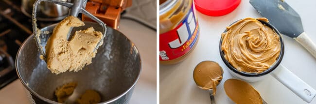 Measuring cups of flour and sugar with a peanut butter mixture in