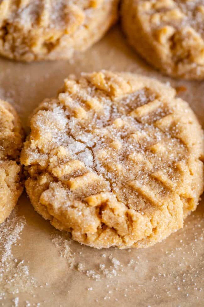 soft peanut butter cookie with the criss cross fork imprint, sprinkled with sugar.