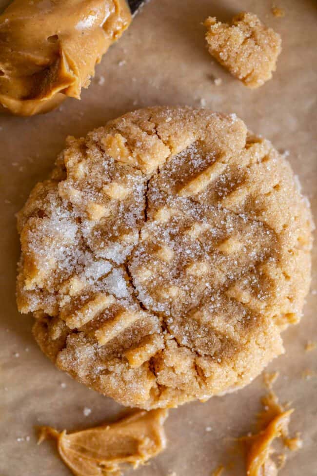 best peanut butter cookie recipe, shot from overhead with a crack down center.