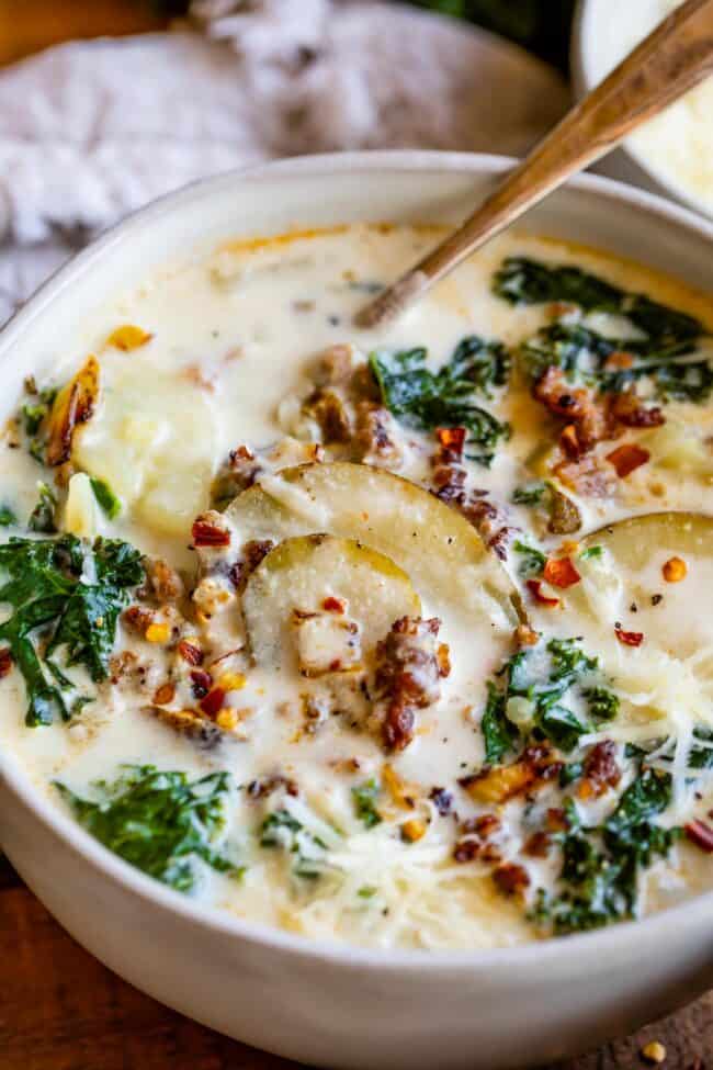 zuppa toscana soup with sausage, kale, and potatoes.
