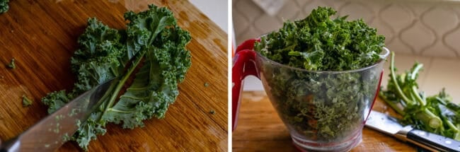 Destemming kale, kale in a measuring cup