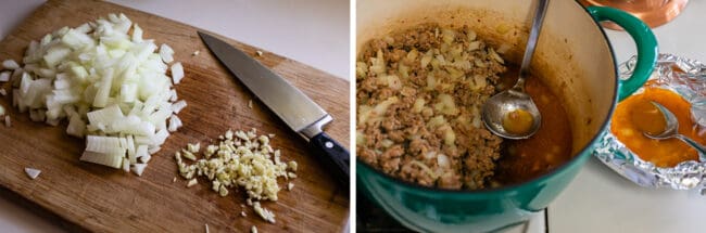 Chopping onions for soup, draining italian sausage