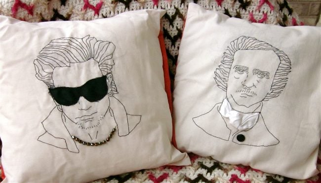 Whimsical handmade embroidered pillows depicting Edgar Allen Poe and Bono from U2. 