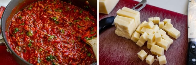 red sauce in a pan, cubed mozzarella on a cutting board.