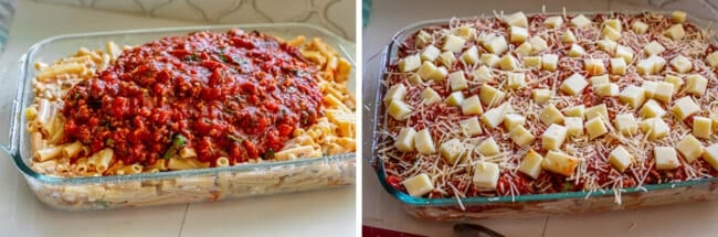 adding red sauce to ziti, topping ziti and sauce with cubed mozzarella and parmesan cheese in a baking pan. 