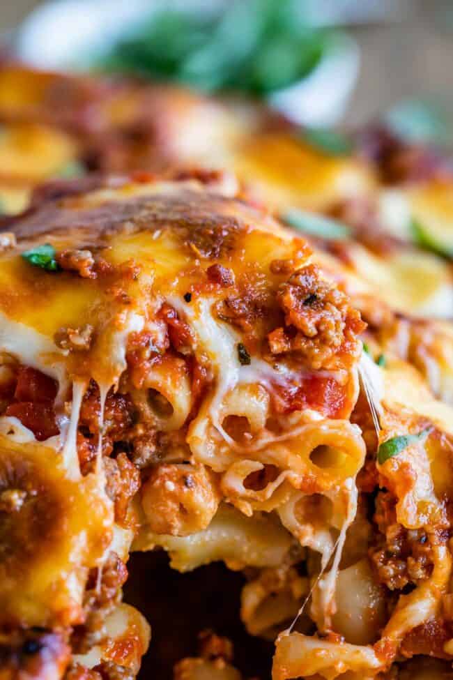 baked ziti shot from the side.