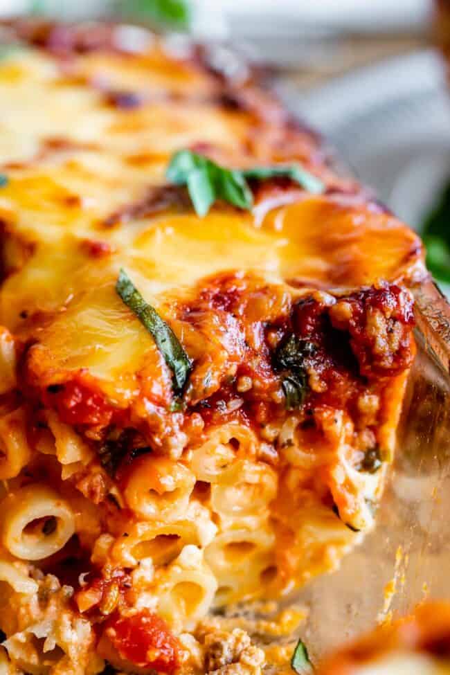 baked ziti with cheese and fresh basil.