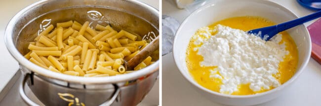 cooked pasta in a colander, a mixture of eggs, cottage cheese, and parmesan cheese.