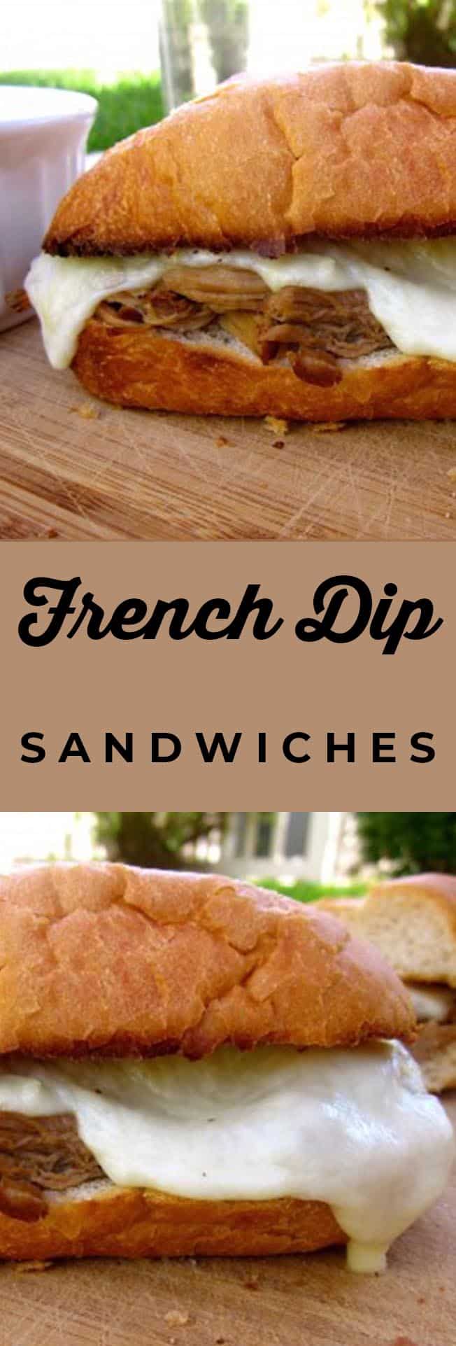 French dip sandwich pin with two pictures of sandwiches and decorative title.