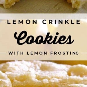 A close-up of a lemon crinkle cookie with creamy lemon frosting, partially eaten. Lemon Crinkle Cookies with Lemon Frosting text is displayed.