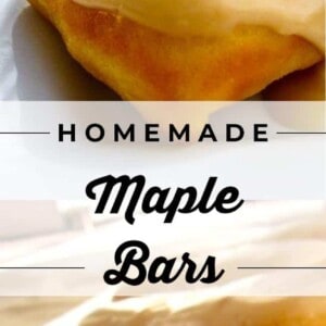 Close-up of homemade maple bars on a white plate, featuring golden, rectangular doughnuts topped with glossy maple icing. One bar has a bite taken out, showing the fluffy interior. Text overlay reads “Homemade Maple Bars.”.