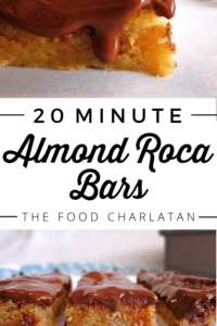 almond roca bars with chocolate dripping down the side