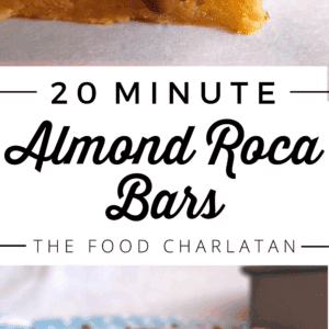 almond roca bars with chocolate dripping down the side
