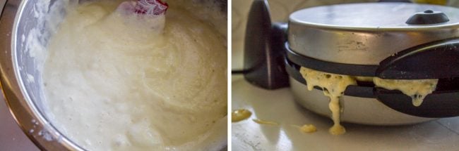 mixing waffle batter, waffle batter overflowing from a waffle iron. 