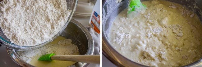 mixing dry ingredients into wet ingredients, then folding in whipped egg whites for waffle batter.