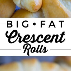 Golden, shiny crescent rolls are stacked on a blue cloth; one is cut open to reveal a soft, fluffy interior. The text in the center reads: Big Fat Crescent Rolls.